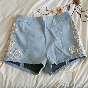 Rose Embroidered High Waisted Shorts